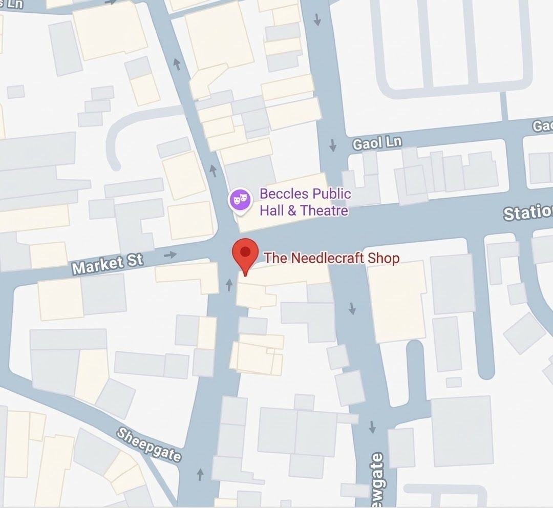 Map showing The Needlecraft Shop on the corner of Market Street and Station Road in Beccles, opposite Beccles Public Hall & Theatre